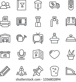 Thin Line Icon Set - reception vector, safe, pencil, printer, seedling, watering can, bird house, blood test vial, tv, microphone, group, heart, paper pin, hierarchy, water supply, garage, moving