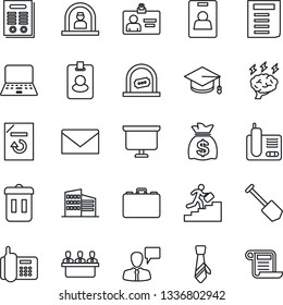 Thin Line Icon Set - reception vector, ticket office, speaking man, mail, identity card, case, graduate, notebook pc, document, money bag, presentation board, brainstorm, job, reload, phone, radio