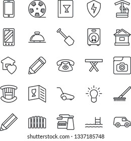 Thin Line Icon Set - reception bell vector, mobile phone, job, factory, pencil, rake, lawn mower, house, well, picnic table, reel, speaker, protect, photo gallery, pool, fence, children room, idea