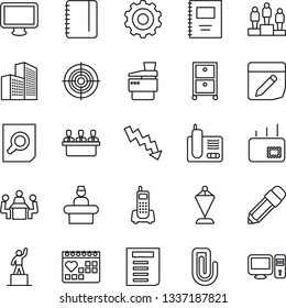 Thin Line Icon Set - reception vector, gear, pedestal, pennant, document search, notepad, crisis graph, medical calendar, office phone, monitor, radio, notes, copybook, paper clip, building, target