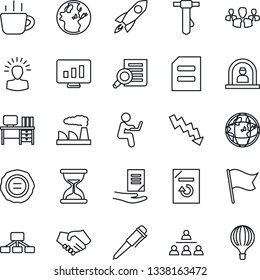 Thin Line Icon Set - reception vector, document search, desk, pen, tie, crisis graph, coffee, factory, statistic monitor, reload, stamp, hierarchy, group, shining head, rocket, handshake, earth
