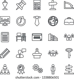Thin Line Icon Set - reception vector, manager, speaking man, hierarchy, calculator, pennant, team, medal, desk, drawing pin, statistic monitor, pencil, office building, group, gear, clock, earth
