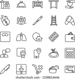 Thin Line Icon Set - reception bell vector, pen, ladder, pond, scales, pills, blister, scalpel, heart hand, lungs, mobile tracking, no trolley, rack, flame disk, speaker, calculator, download, crane