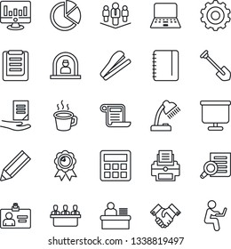 Thin Line Icon Set - reception vector, gear, identity card, medal, document search, notebook pc, notepad, job, statistic monitor, clipboard, calculator, coffee, presentation board, pie graph, lamp