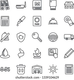 Thin Line Icon Set - reception bell vector, passport, baggage larry, office binder, fire, water drop, sun, dropper, stomach, store, car delivery, touch screen, mute, calculator, pencil, garage, key