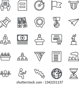Thin Line Icon Set - reception vector, pedestal, pennant, office binder, medal, document, crisis graph, meeting, drawing pin, factory, stamp, hierarchy, target, group, pennon, earth, flag, cash