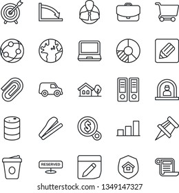 Thin Line Icon Set - reception vector, office binder, coffee, circle chart, earth, client, oil barrel, network, laptop pc, notes, drawing pin, paper clip, bar graph, stapler, house with tree, target