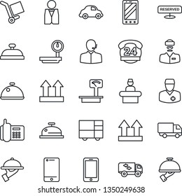 Thin Line Icon Set - reception vector, mobile phone, doctor, office, 24 hours, car delivery, consolidated cargo, up side sign, heavy scales, cell, support, moving, waiter, dish, reserved