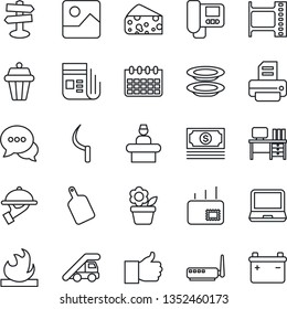 Thin Line Icon Set - reception vector, ladder car, desk, calendar, printer, flower in pot, sickle, signpost, cash, flammable, film frame, news, dialog, laptop pc, finger up, gallery, mail, plates