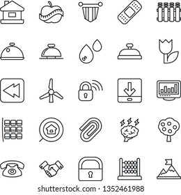 Thin Line Icon Set - reception bell vector, seat map, handshake, pennant, brainstorm, patch, diet, tulip, rewind, download, lock, monitor statistics, paper clip, abacus, house, windmill, fruit tree