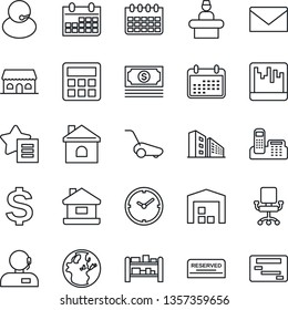 Thin Line Icon Set - reception vector, mail, dollar sign, calendar, lawn mower, house, cash, support, rack, favorites list, calculator, scanner, clock, office phone, warehouse, building, reserved