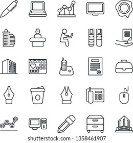 Thin Line Icon Set - reception vector, office building, mouse, pen, coffee, document, stamp, medical calendar, monitor, radio phone, ink, point graph, notebook pc, archive box, pencil, contract