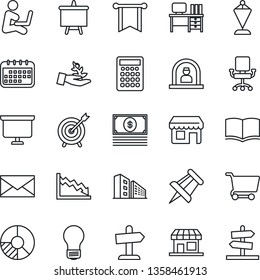 Thin Line Icon Set - reception vector, mail, book, pennant, desk, presentation board, drawing pin, bulb, circle chart, office building, target, palm sproute, pennon, crisis, chair, calendar, cart