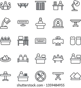 Thin Line Icon Set - reception vector, flight table, desk, meeting, manager place, picnic, lamp, restaurant, serviette, cafe, reserved, salt and pepper