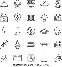 Thin Line Icon Set - reception bell vector, ticket office, circle chart, rake, fire, house, sickle, picnic table, syringe, virus, microphone, protect, themes, battery, charge, stamp, fence, idea
