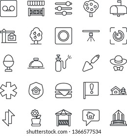 Thin Line Icon Set - reception bell vector, trowel, garden sprayer, ambulance star, important flag, tuning, record, data exchange, eye id, house with tree, fruit, flower in pot, crane, mailbox