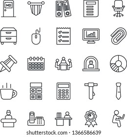 Thin Line Icon Set - reception vector, medical room, office chair, calculator, pennant, binder, medal, mouse, tie, document, coffee, drawing pin, calendar, circle chart, monitor statistics, phone