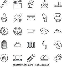 Thin Line Icon Set - reception bell vector, clouds, fence, fire, sickle, axe, bench, joint, satellite, clapboard, film frame, reel, flame disk, battery, charge, desk lamp, pencil, stamp, pool