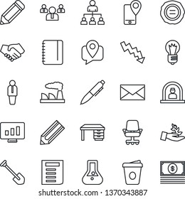 Thin Line Icon Set - reception vector, manager, mail, hierarchy, team, desk, pen, notepad, document, crisis graph, coffee, bulb, job, factory, statistic monitor, pencil, stamp, mobile tracking, cash