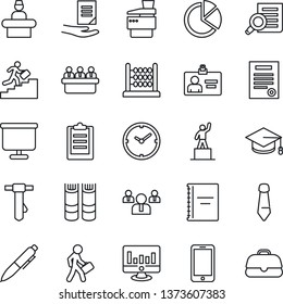 Thin Line Icon Set - reception vector, mobile phone, identity card, book, pedestal, team, document search, graduate, pen, tie, meeting, statistic monitor, clipboard, copybook, clock, pie graph, case
