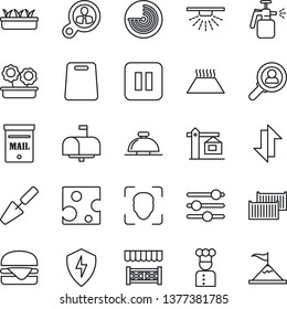 Thin Line Icon Set - reception bell vector, radar, trowel, seedling, garden sprayer, cargo container, pause button, protect, tuning, data exchange, face id, mailbox, flower in pot, crane, cook