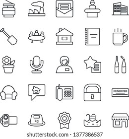 Thin Line Icon Set - reception vector, meeting, job, factory, flower in pot, ampoule, support, heavy, video camera, microphone, favorites list, mail, lock, sertificate, coffee, copybook, copier
