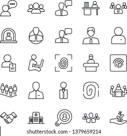 Thin Line Icon Set - reception vector, handshake, speaking man, team, hospital, patient, client, speaker, user, fingerprint id, manager desk, meeting, search, estate agent, waiter, group