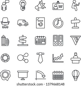 Thin Line Icon Set - reception vector, speaking man, identity card, office binder, presentation board, crisis graph, bulb, calendar, document reload, stamp, building, clock, pennon, growth, chair