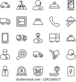 Thin Line Icon Set - reception bell vector, doctor, 24 hours, support, car delivery, consolidated cargo, heavy scales, search, mobile, call, scanner, moving, waiter, warm floor, battery