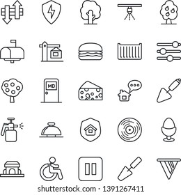Thin Line Icon Set - reception bell vector, disabled, medical room, trowel, tree, garden sprayer, cargo container, vinyl, pause button, protect, tuning, data exchange, fruit, crane, estate insurance