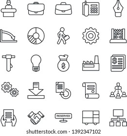 Thin Line Icon Set - reception vector, gear, case, abacus, tie, document, bulb, reload, circle chart, contract, receipt, consolidated cargo, download, ink pen, office phone, hierarchy, handshake