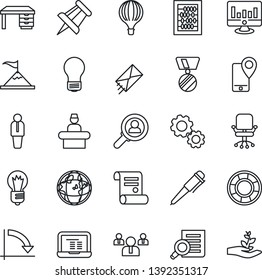 Thin Line Icon Set - reception vector, manager, office chair, team, medal, document search, abacus, desk, pen, notebook pc, crisis graph, drawing pin, bulb, statistic monitor, contract, consumer