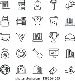 Thin Line Icon Set - reception vector, office building, calculator, abacus, desk, money bag, coffee, job, stamp, printer, shining head, pennon, earth, cart, case, mail, advertising, award cup, tie