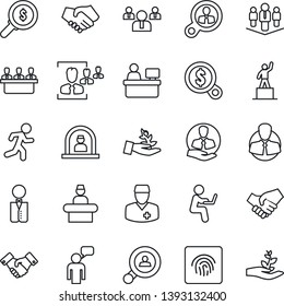 Thin Line Icon Set - reception vector, handshake, speaking man, pedestal, team, manager place, run, doctor, client, fingerprint id, hr, meeting, company, search, waiter, consumer, palm sproute