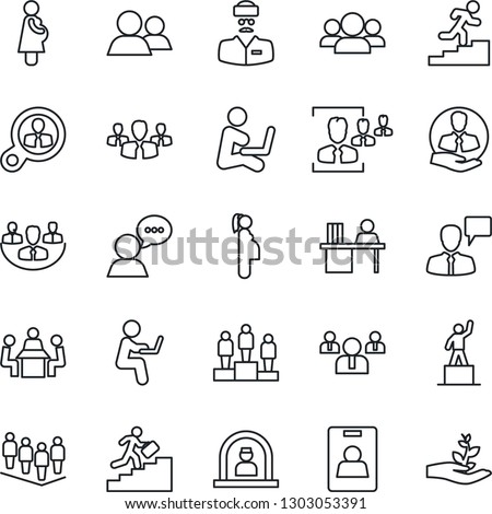 Thin Line Icon Set - reception vector, speaking man, pedestal, team, doctor, pregnancy, client, speaker, group, company, identity card, hr, manager desk, meeting, career ladder, consumer search