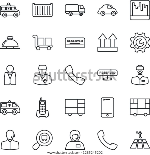 Thin Line Icon Set - reception bell vector,\
ambulance car, doctor, office phone, support, cargo container,\
delivery, consolidated, up side sign, search, cell, call, scanner,\
root setup, waiter