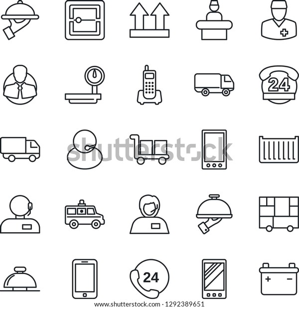 Thin Line Icon Set - reception bell vector,\
mobile phone, ambulance car, doctor, office, 24 hours, support,\
client, cargo container, delivery, consolidated, up side sign,\
heavy scales, scanner
