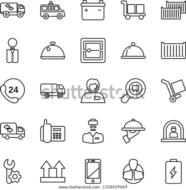 Thin Line Icon Set - reception vector, ambulance\
car, doctor, office phone, 24 hours, support, client, cargo\
container, delivery, up side sign, search, cell, scanner, root\
setup, moving, waiter