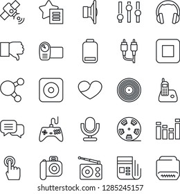 Thin Line Icon Set - reel vector, vinyl, camera, radio, satellite, news, speaker, gamepad, settings, equalizer, video, microphone, touch screen, dialog, headphones, phone, share, finger down, heart