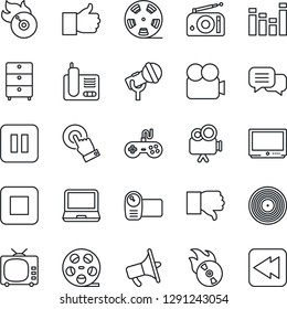 Thin Line Icon Set - reel vector, vinyl, archive chest, flame disk, microphone, radio, loudspeaker, tv, gamepad, equalizer, video camera, touch screen, dialog, laptop pc, phone, finger up, down
