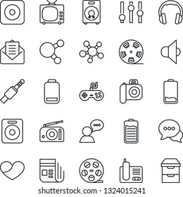 Thin Line Icon Set - reel vector, camera, radio, news, speaker, tv, gamepad, settings, dialog, headphones, phone, share, heart, battery, low, mail, rec button, jack connector, archive chest