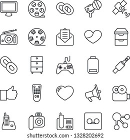 Thin Line Icon Set - reel vector, archive chest, camera, microphone, radio, satellite, loudspeaker, gamepad, remote control, monitor, phone, chain, finger up, heart, low battery, mail, record, video