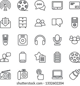 Thin Line Icon Set - reel vector, archive chest, camera, radio, antenna, tv, microphone, remote control, touch screen, dialog, speaker, headphones, laptop pc, group, finger down, favorites list, low
