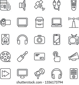 Thin Line Icon Set - reel vector, camera, microphone, antenna, satellite, news, speaker, loudspeaker, tv, video, remote control, cell phone, touch screen, headphones, monitor, laptop pc, mail, rca