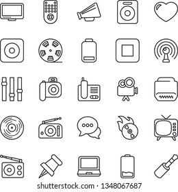 Thin Line Icon Set - reel vector, vinyl, flame disk, camera, radio, antenna, loudspeaker, tv, settings, video, remote control, dialog, monitor, laptop pc, phone, speaker, heart, paper pin, rec, hdmi