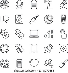 Thin Line Icon Set - reel vector, vinyl, flame disk, microphone, antenna, satellite, settings, remote control, network, cell phone, touch screen, laptop pc, chain, speaker, finger down, heart