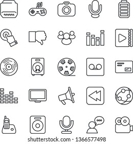 Thin Line Icon Set - reel vector, vinyl, camera, loudspeaker, gamepad, equalizer, microphone, network, touch screen, speaker, monitor, radio phone, group, finger down, battery, mail, rewind, hdmi