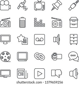Thin Line Icon Set - reel vector, archive chest, radio, satellite, news, speaker, tv, equalizer, video camera, dialog, monitor, chain, finger down, favorites list, paper pin, battery, play button