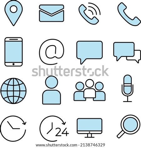 Thin line icon set related to social media and comunications in blue.