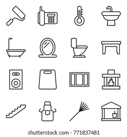 Thin line icon set : repair, phone, thermometer, sink, bath, mirror, toilet, table, speaker, cutting board, window, fireplace, stairs, apron, rake, utility room